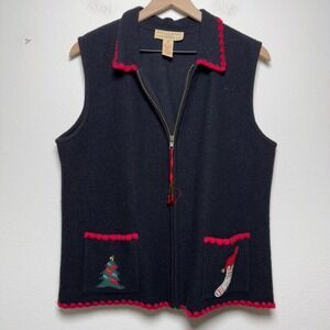 VTG Telluride Women 100% Wool Vest XL Black Christmas Tree Stocking Beaded‎ Zip